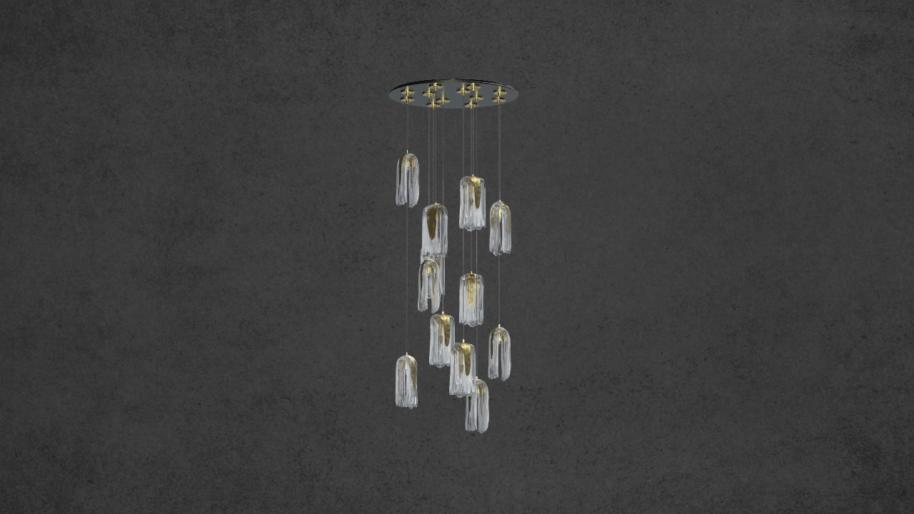 A 3D video of the Aurora Lava Murano style glass chandelier for Staircases By HDLS Lighting Ltd