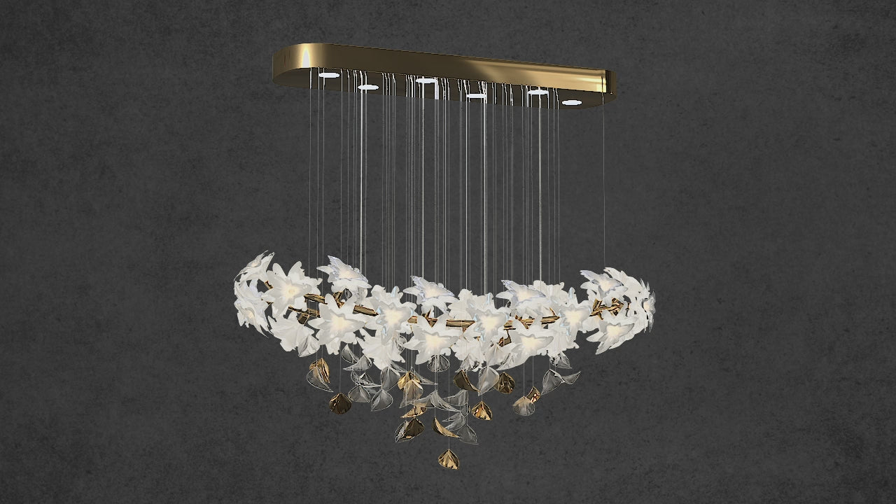 Video preview of Magnolia Grazia chandelier showing floating magnolia blooms and gold accents.