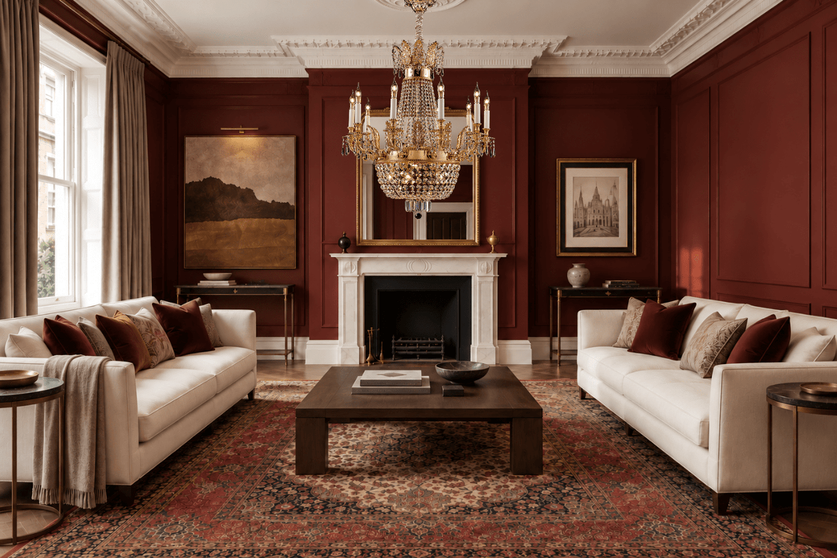 Regency Majestic crystal chandelier in a luxury Belgravia London living room with oxblood walls and Georgian architecture.