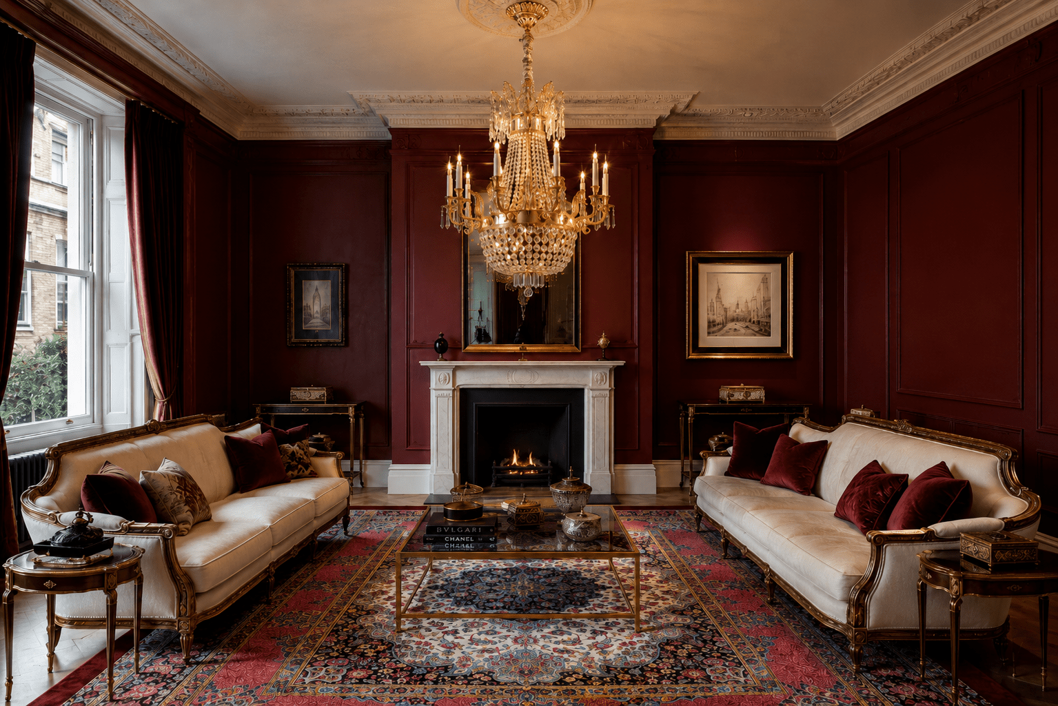 Regency Majestic crystal chandelier in a red-panelled Chelsea living room with classic fireplace and ivory sofas