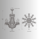Technical drawing of Regency Majestic chandelier, 82 cm wide and 92 cm high, with front and top views