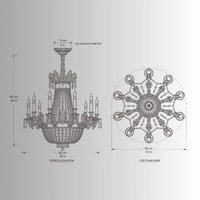 Technical drawing of Regency Majestic chandelier, 82 cm wide and 92 cm high, with front and top views