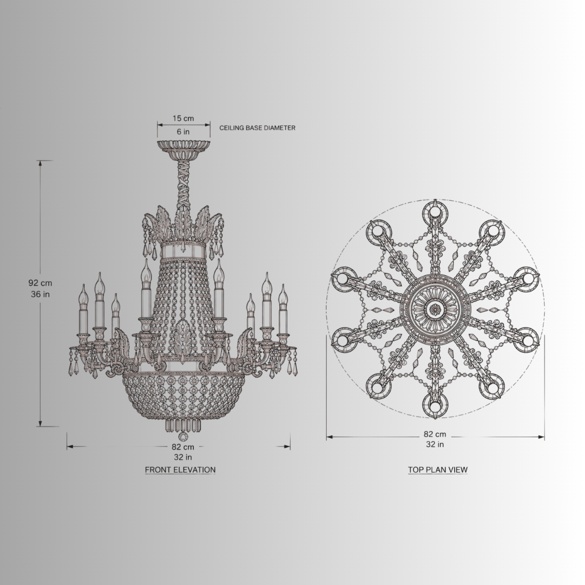 Technical drawing of Regency Majestic chandelier, 82 cm wide and 92 cm high, with front and top views