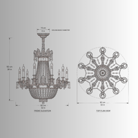 Technical drawing of Regency Majestic chandelier, 82 cm wide and 92 cm high, with front and top views