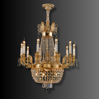 Front view of Regency Majestic 10-light gold and Asfour crystal chandelier on a dark gradient background