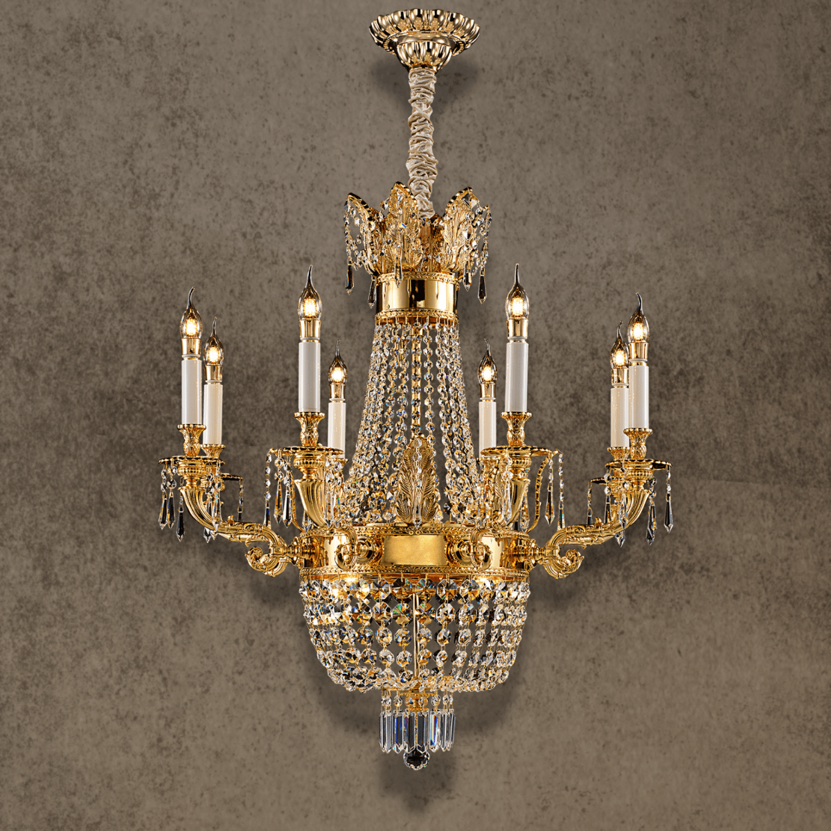 Regency Noble 8-light gold crystal chandelier in solid copper with Asfour crystal, front view.