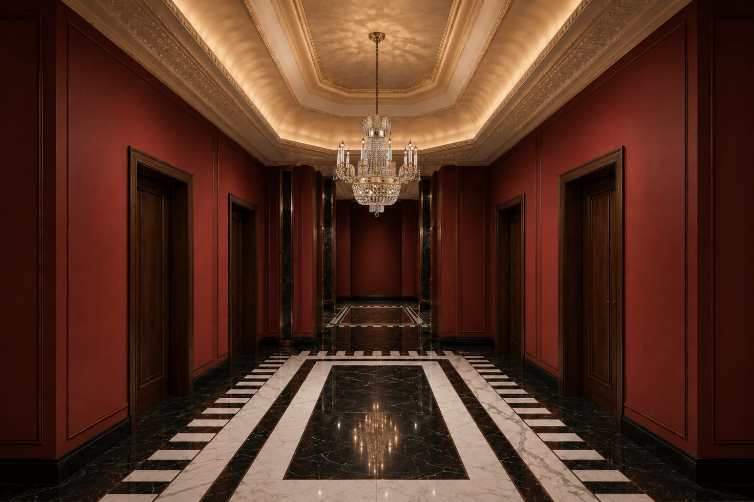 Regency Noble gold crystal chandelier in a luxury red-panelled entrance hall with marble flooring.