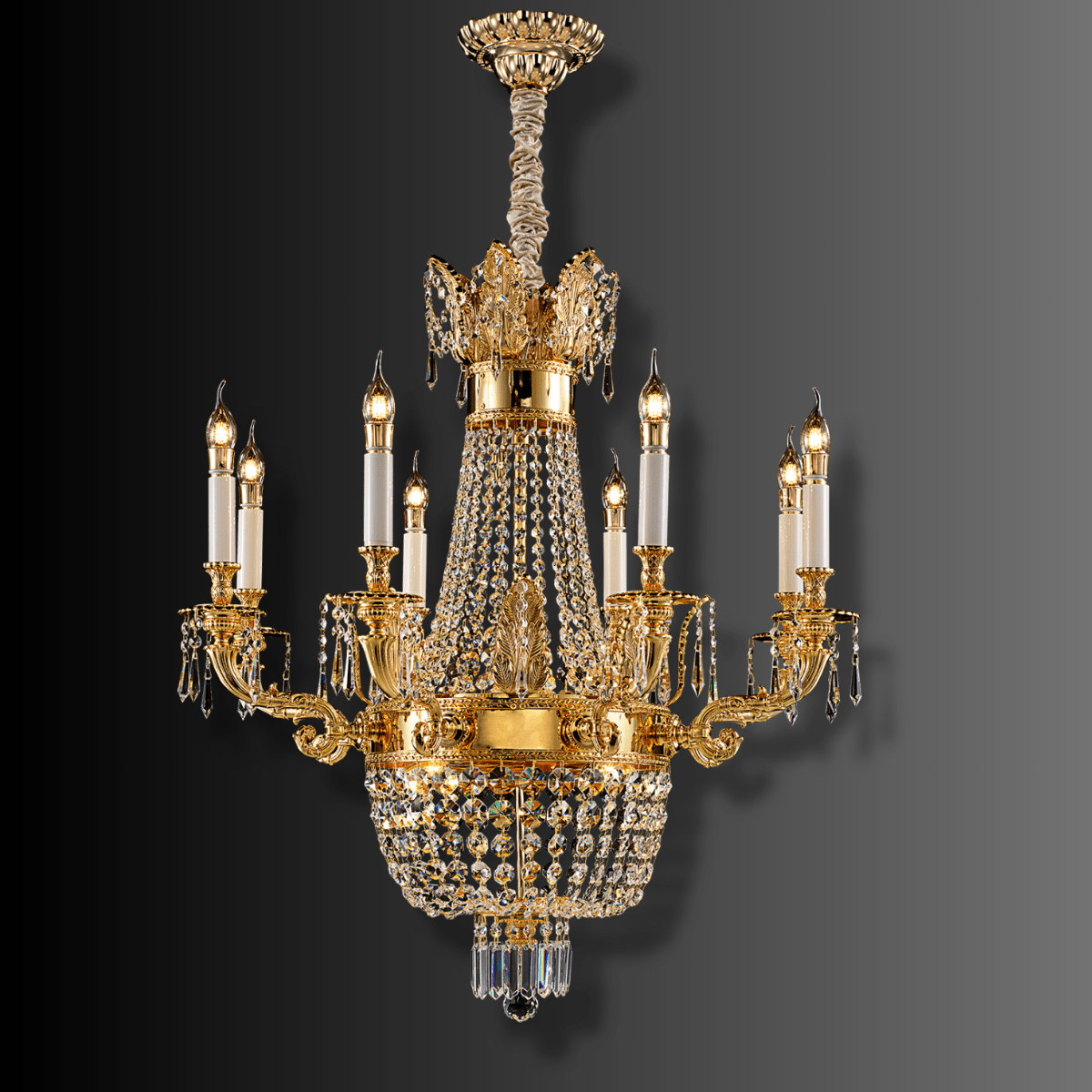 Regency Noble 8-light chandelier in 18K gold-plated copper and Asfour crystal on a dark background.