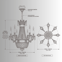 Regency Noble chandelier technical drawing with 72 cm diameter, 85 cm body height and 8-light plan.