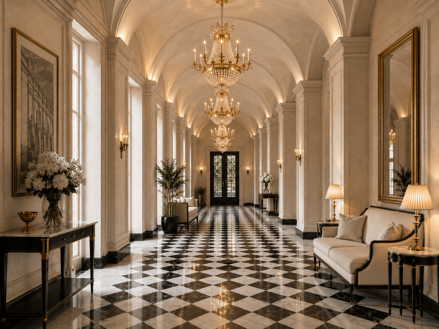 Regency Sovereign crystal chandeliers in a grand gallery with vaulted ceilings and black-and-white marble floor
