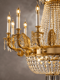 Close-up of Regency Sovereign chandelier in 18K gold-plated copper with Asfour crystal and candle lights