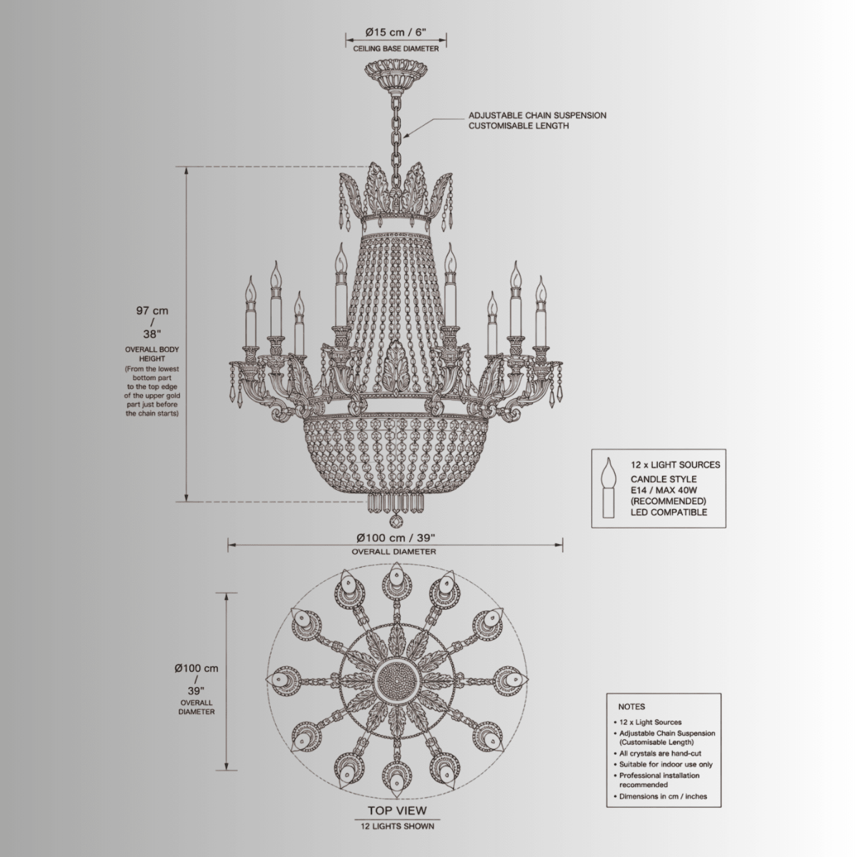 Technical drawing of Regency Sovereign 12-light chandelier, 100 cm wide and 97 cm high, with top view