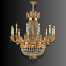 Front view of Regency Sovereign 12-light gold and Asfour crystal chandelier on a dark gradient background