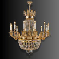 Front view of Regency Sovereign 12-light gold and Asfour crystal chandelier on a dark gradient background
