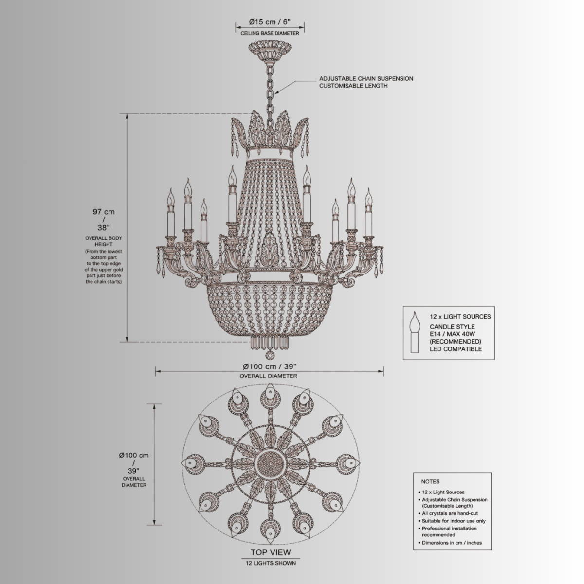Technical drawing of Regency Sovereign 12-light chandelier, 100 cm wide and 97 cm high, with top view