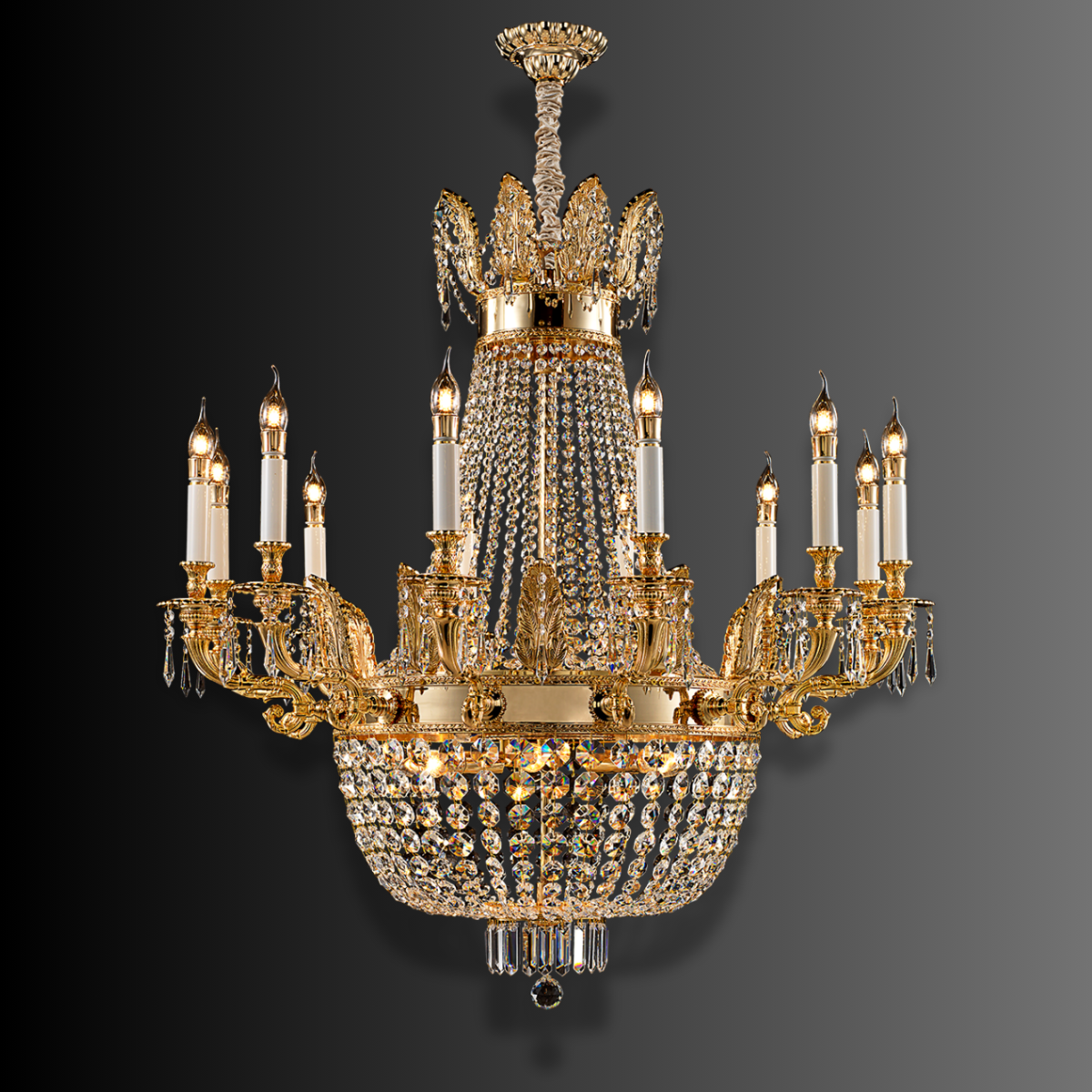 Front view of Regency Sovereign 12-light gold and Asfour crystal chandelier on a dark gradient background
