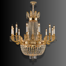 Front view of Regency Sovereign 12-light gold and Asfour crystal chandelier on a dark gradient background