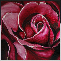 Close-up of Rosée collectible Swarovski crystal artwork with layered crimson petals and reflective crystal details.
