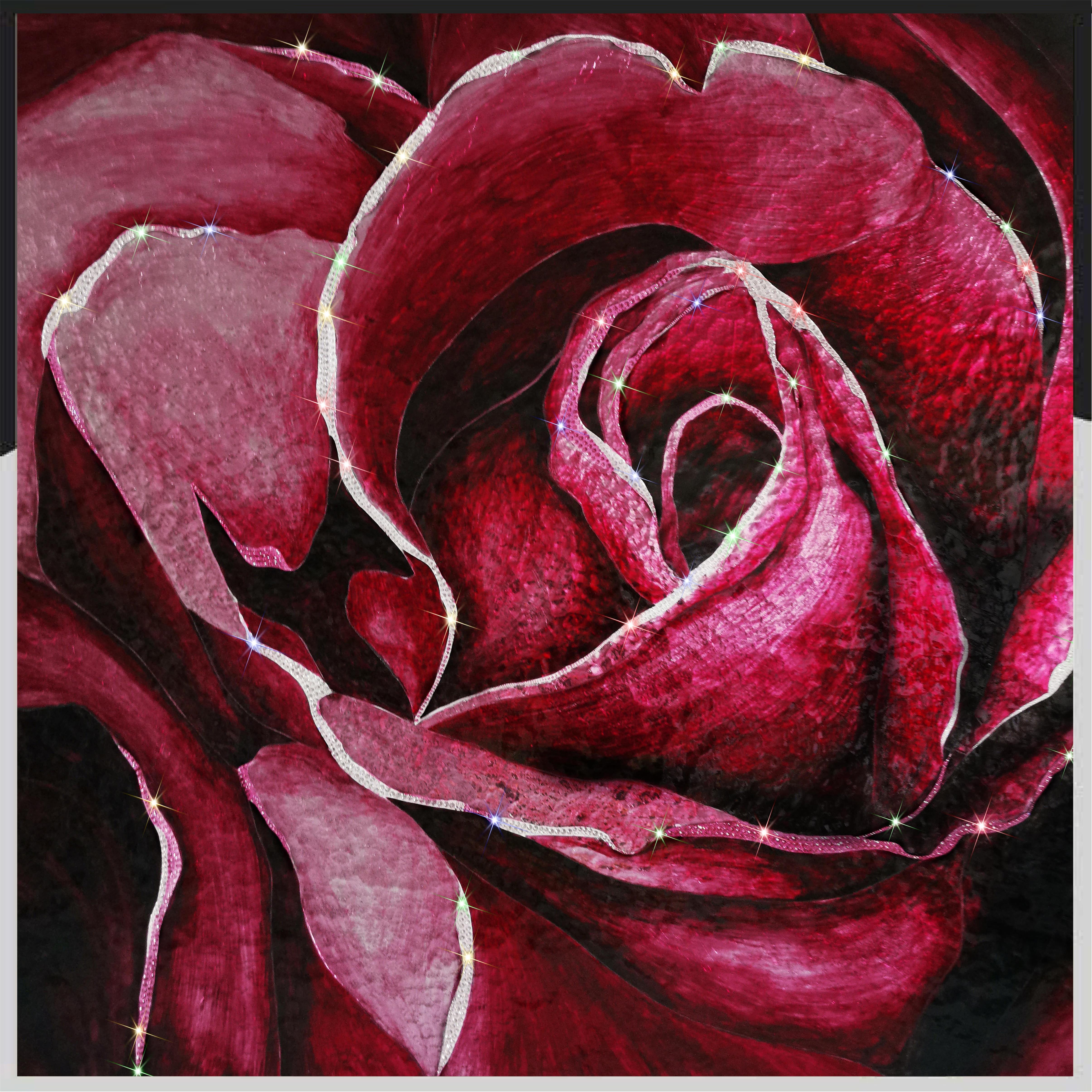 Close-up of Rosée collectible Swarovski crystal artwork with layered crimson petals and reflective crystal details.