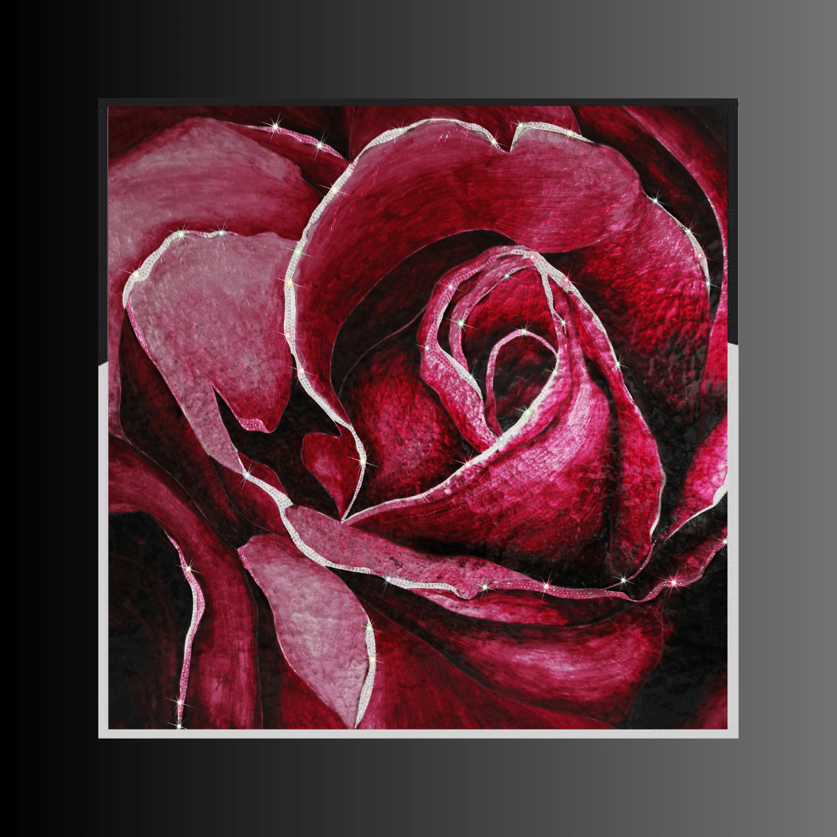 Limited-edition Swarovski crystal rose artwork with burgundy tones in a hand-finished architectural frame.