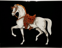 Handcrafted Swarovski crystal horse artwork on black glass featuring ornate red saddle and mixed-media detailing