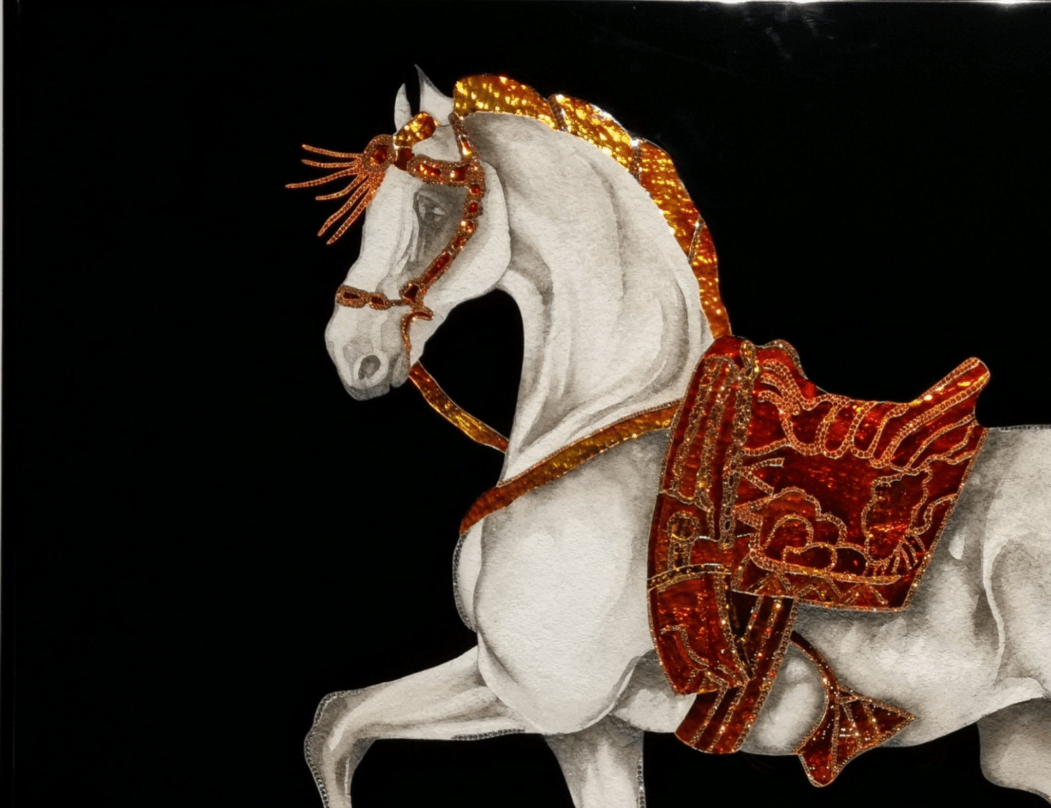 Large Swarovski crystal horse wall art in black glass frame with ornate red saddle, handmade mixed-media design