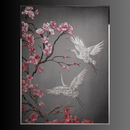 Luxury Swarovski crystal wall art with cranes in flight and pink sakura blossoms on textured background.