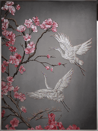 Detail of Swarovski crystal crane and sakura blossom branches in luxury collectible crystal wall art.