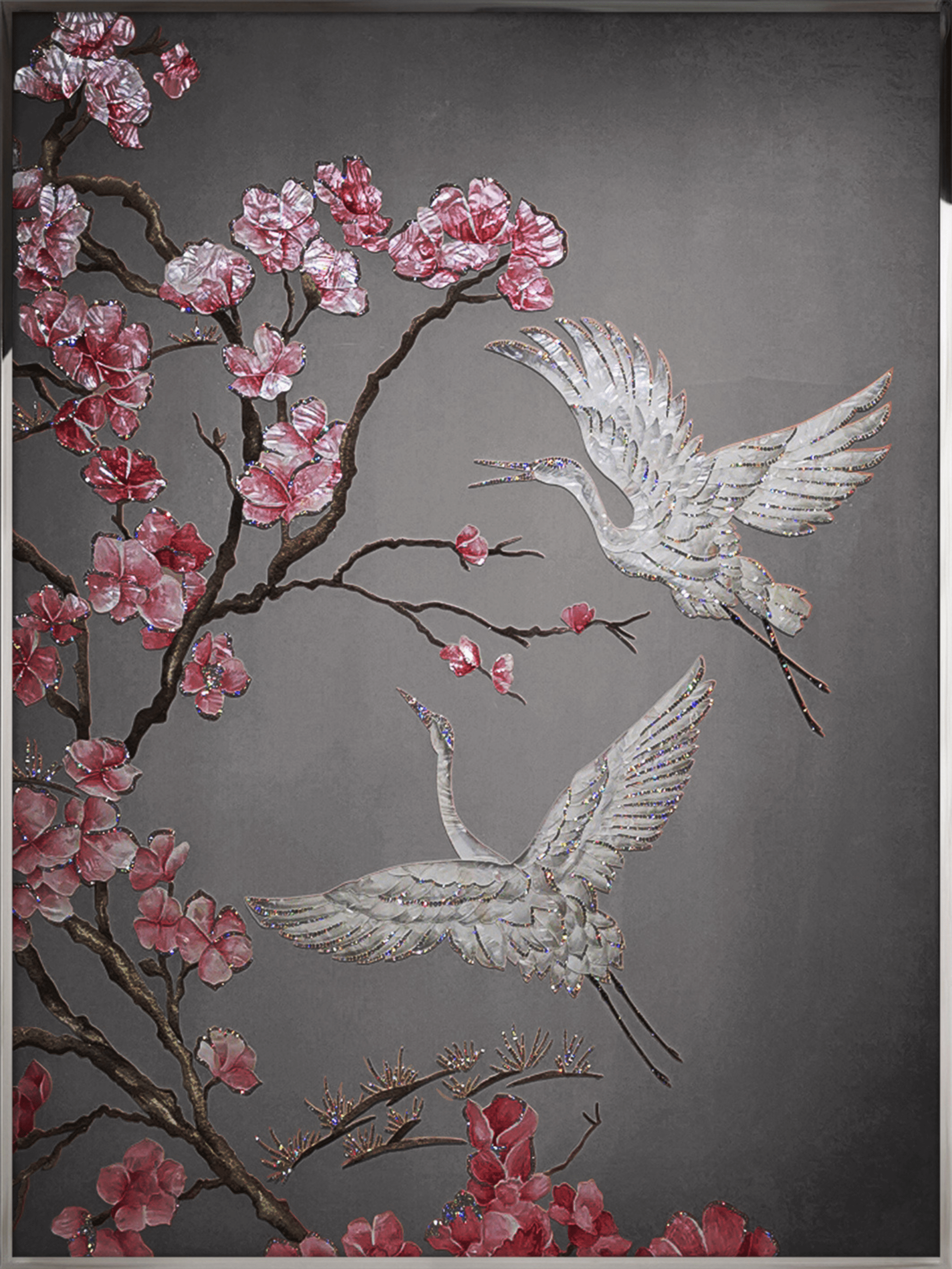 Detail of Swarovski crystal crane and sakura blossom branches in luxury collectible crystal wall art.