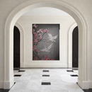 Large Swarovski crystal wall art Sakura displayed in luxury foyer interior with marble floor.