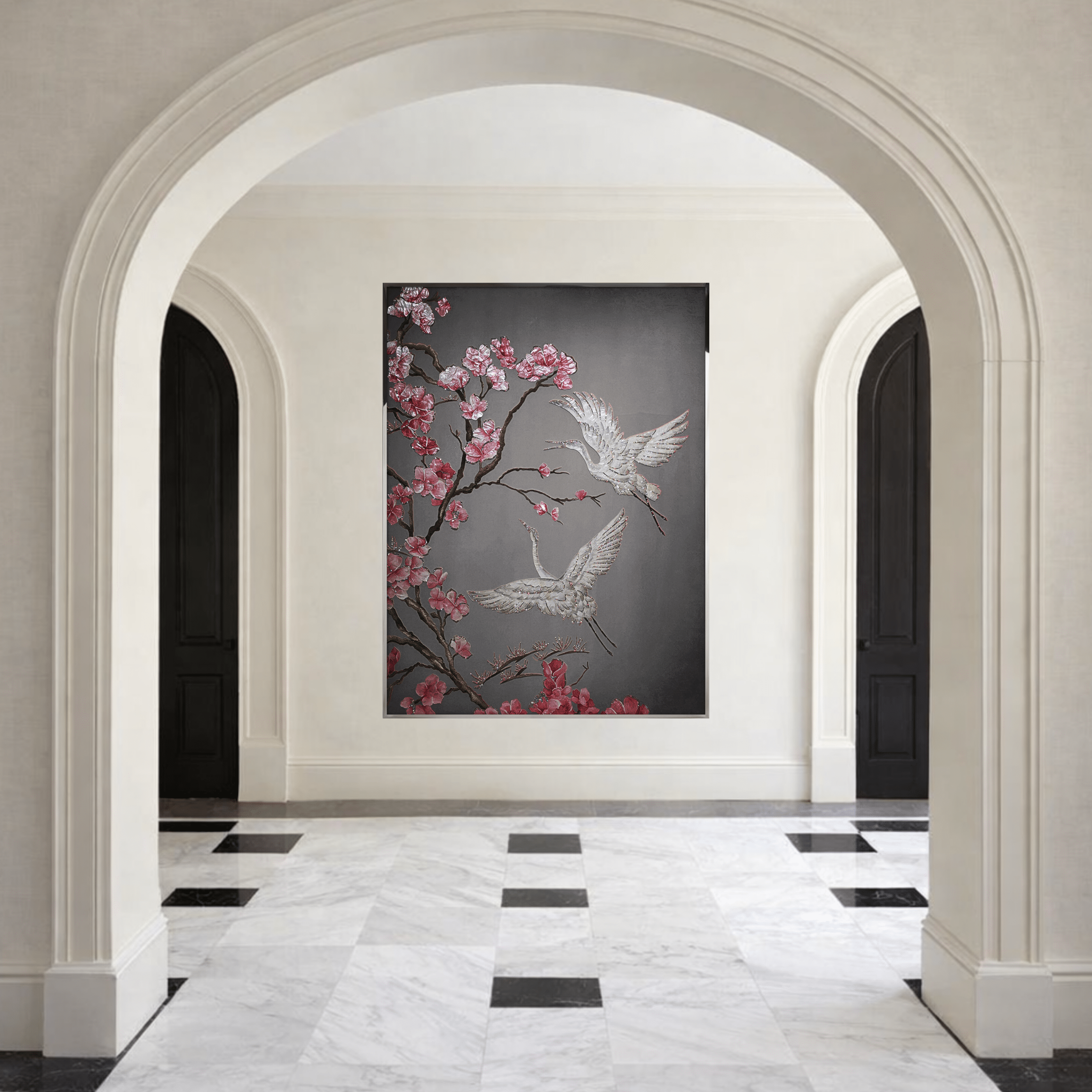 Large Swarovski crystal wall art Sakura displayed in luxury foyer interior with marble floor.