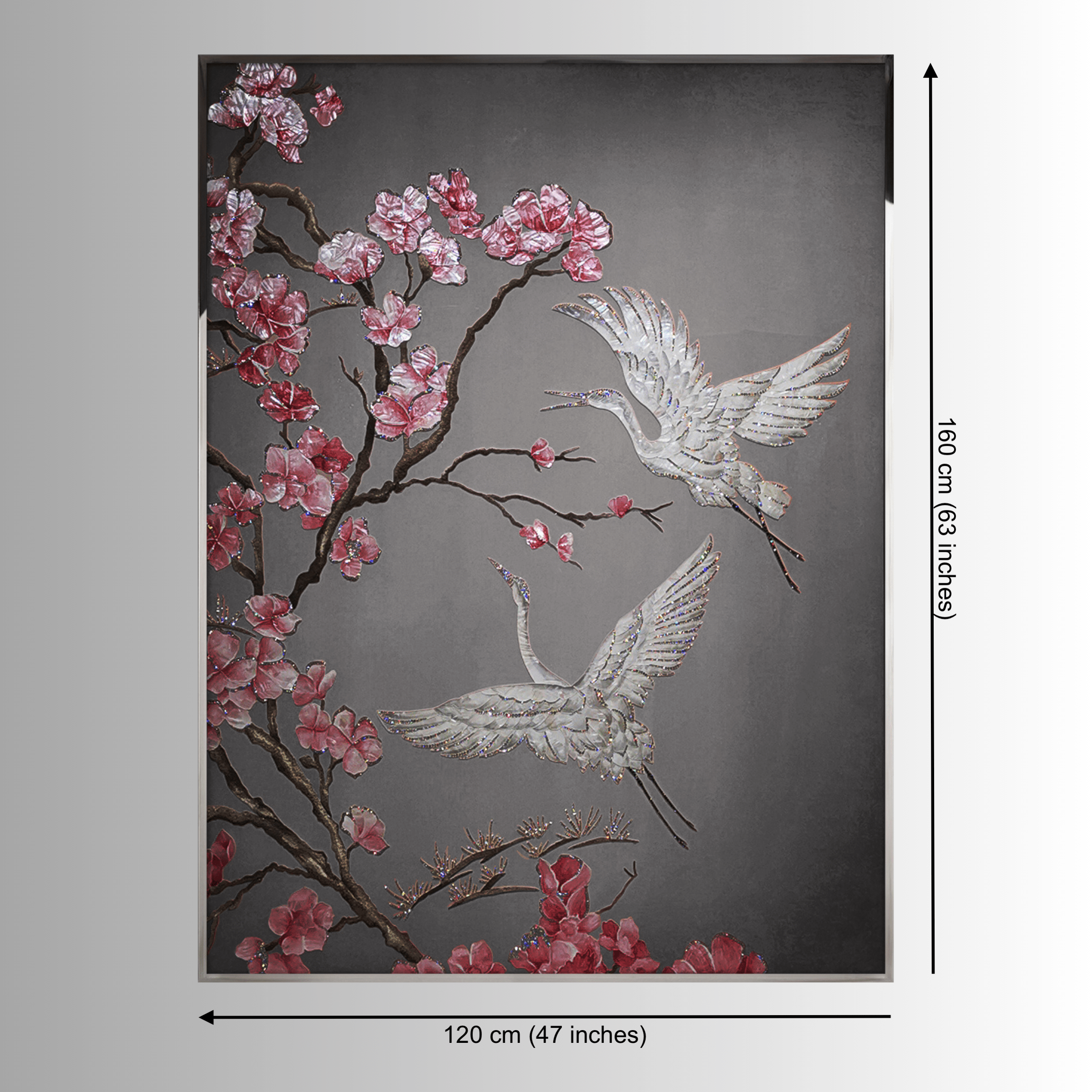 Sakura luxury crystal wall art dimensions 120 × 160 cm featuring cranes and cherry blossoms.