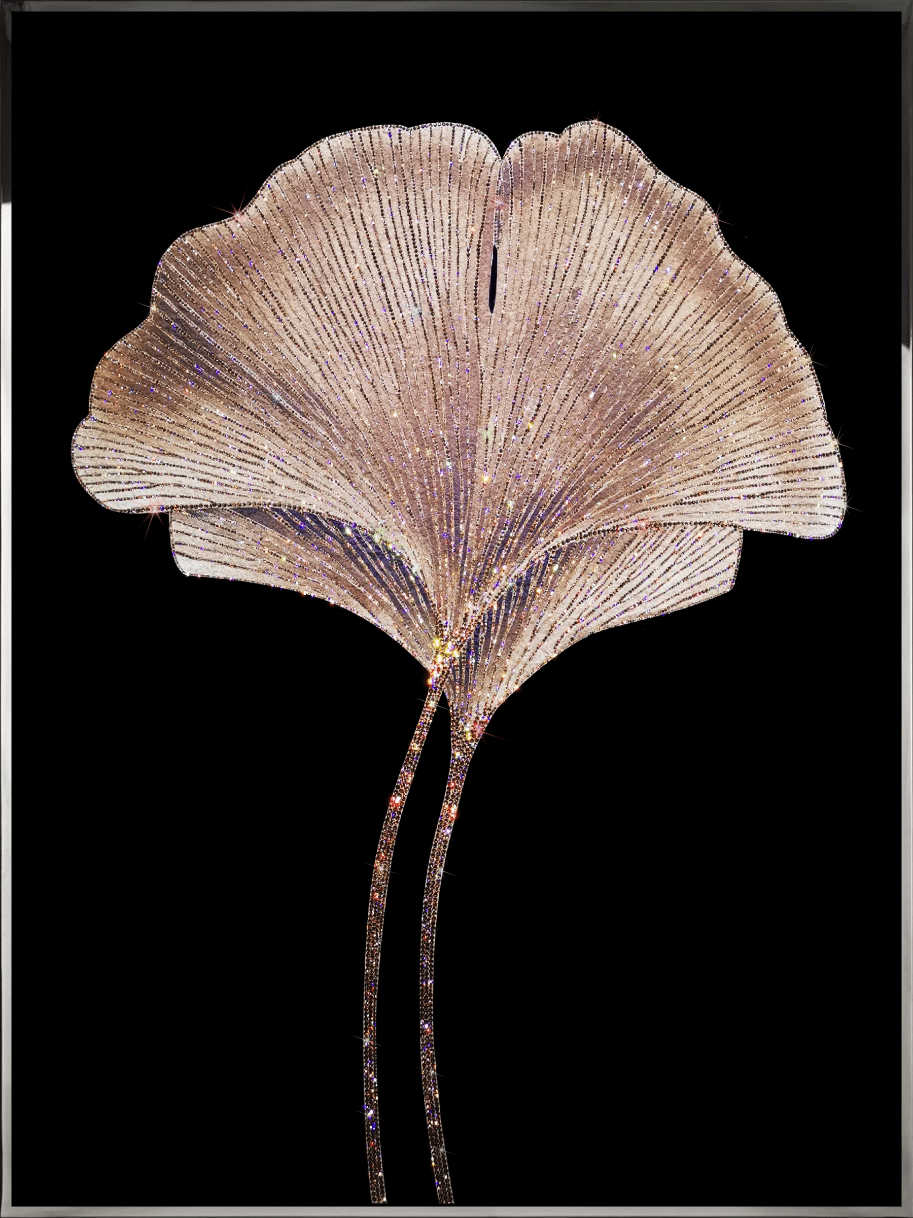 Close-up of Silent Bloom showcasing hand-set Swarovski crystals on sculpted shell and stone surface.