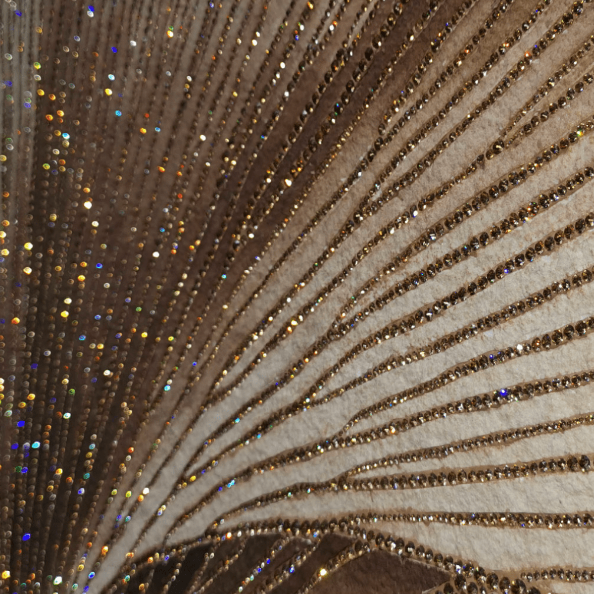 Macro detail of Swarovski crystal lines hand-applied to Silent Bloom sculptural wall art.