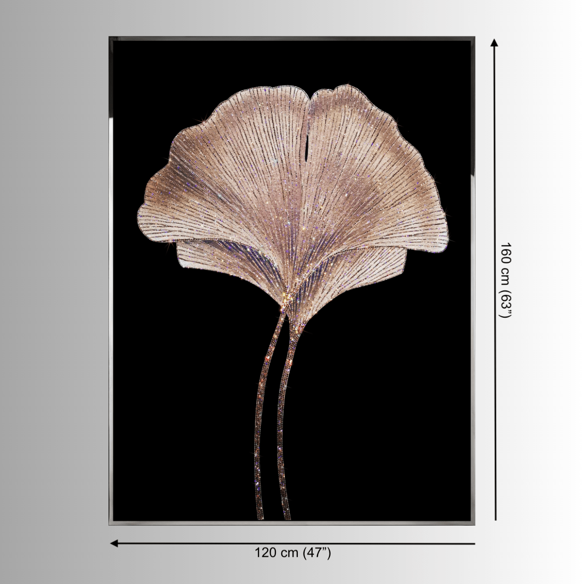 Silent Bloom sculptural wall art dimensions shown at 120 cm (47") wide by 160 cm (63") high.