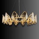 Solaris Altair luxury linear chandelier with prism crystals and gold-plated frame on dark background