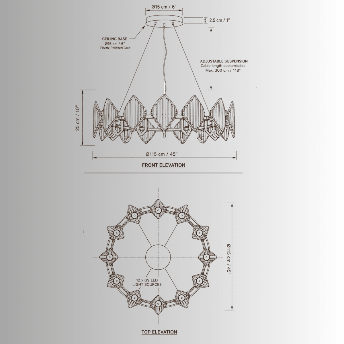 Solaris Altair 12-light crystal chandelier CAD drawing, 115cm luxury gold chandelier technical elevation
