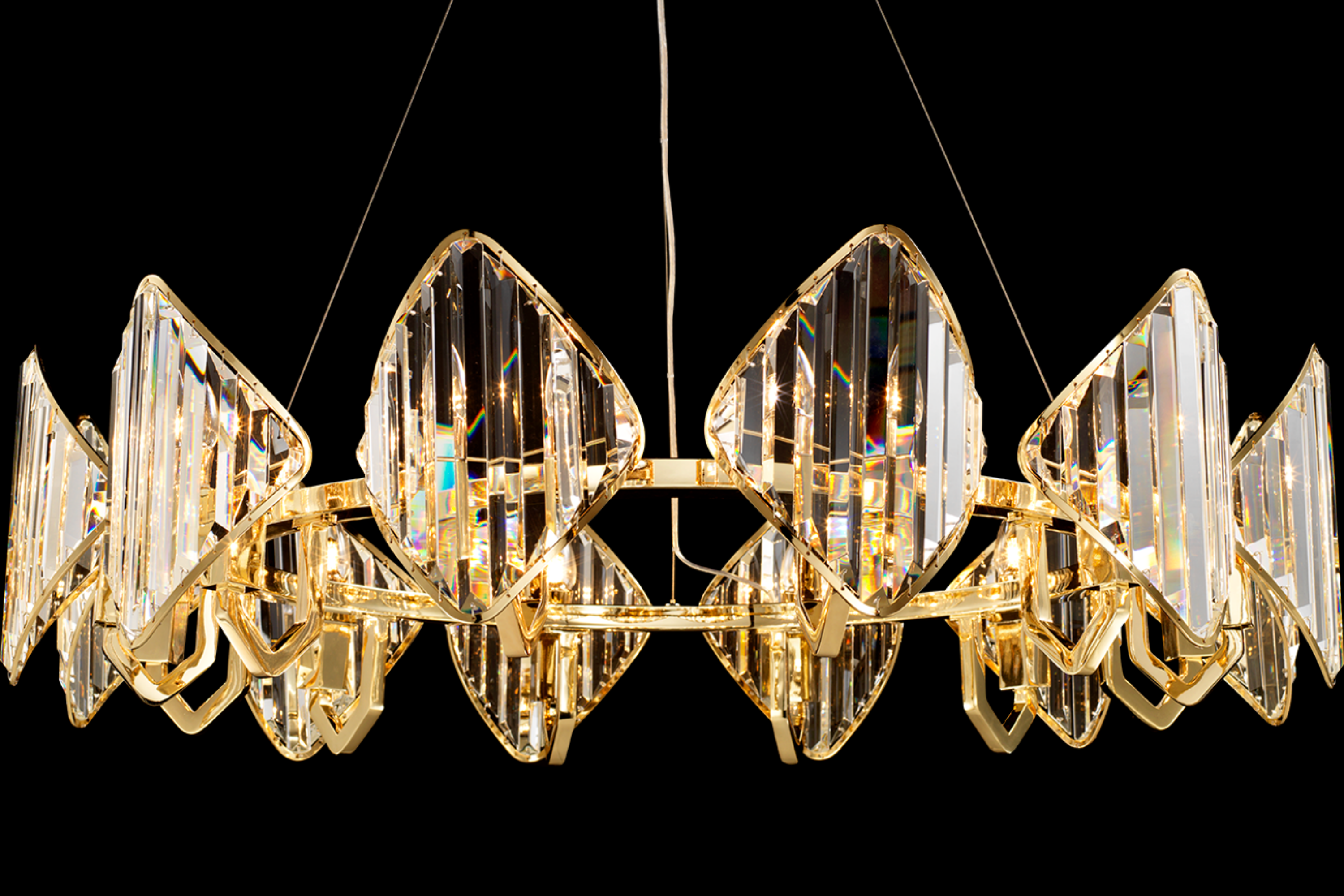 Close perspective of Solaris Altair crystal chandelier showing prism-cut crystal geometry