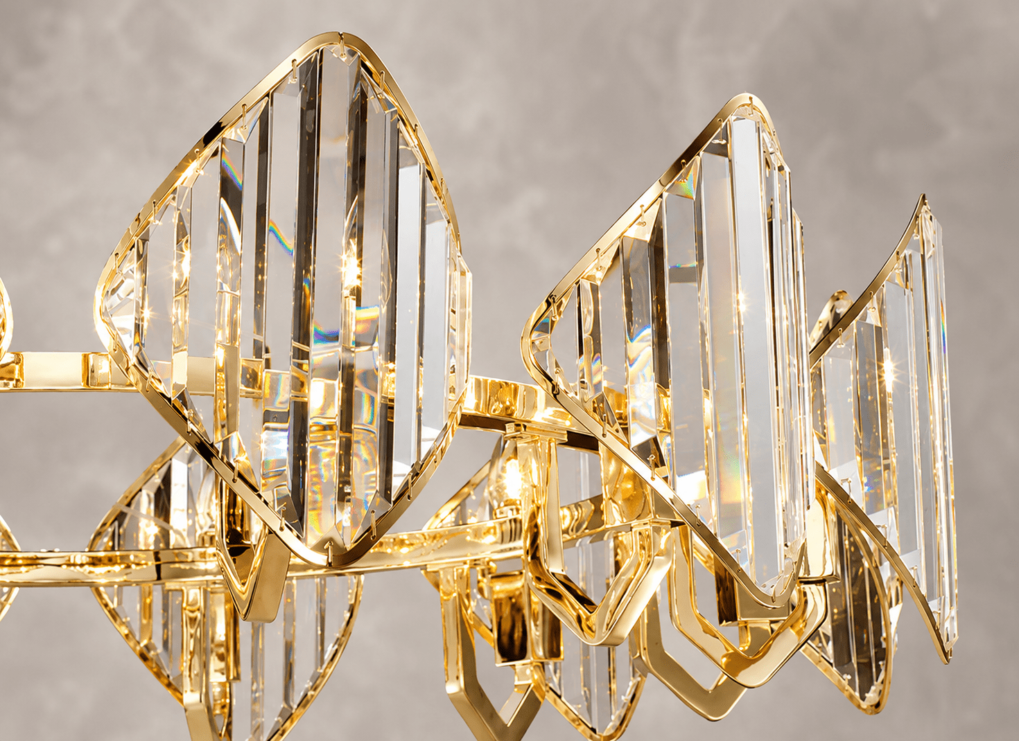 Solaris Altair crystal chandelier close-up with polished gold frame and precision-cut luxury crystals