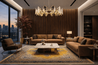 Solaris Altair linear chandelier installed in modern luxury living room with contemporary seating
