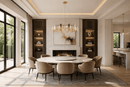Solaris Altair 12-light crystal chandelier above round marble dining table in luxury Hamptons residence