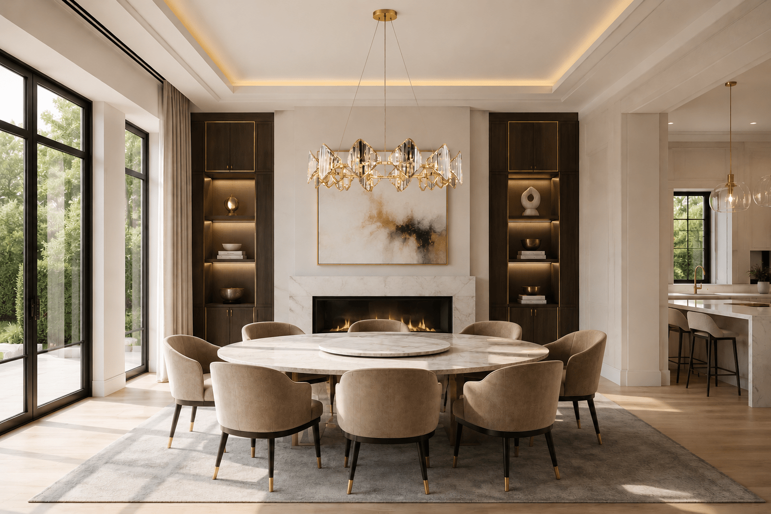 Solaris Altair 12-light crystal chandelier above round marble dining table in luxury Hamptons residence