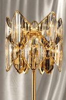 Close-up of Solaris Atria crystal floor lamp with A+ crystal prisms and 18K gold-plated frame