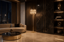 Solaris Atria crystal floor lamp in a luxury Manhattan penthouse living room with marble finishes