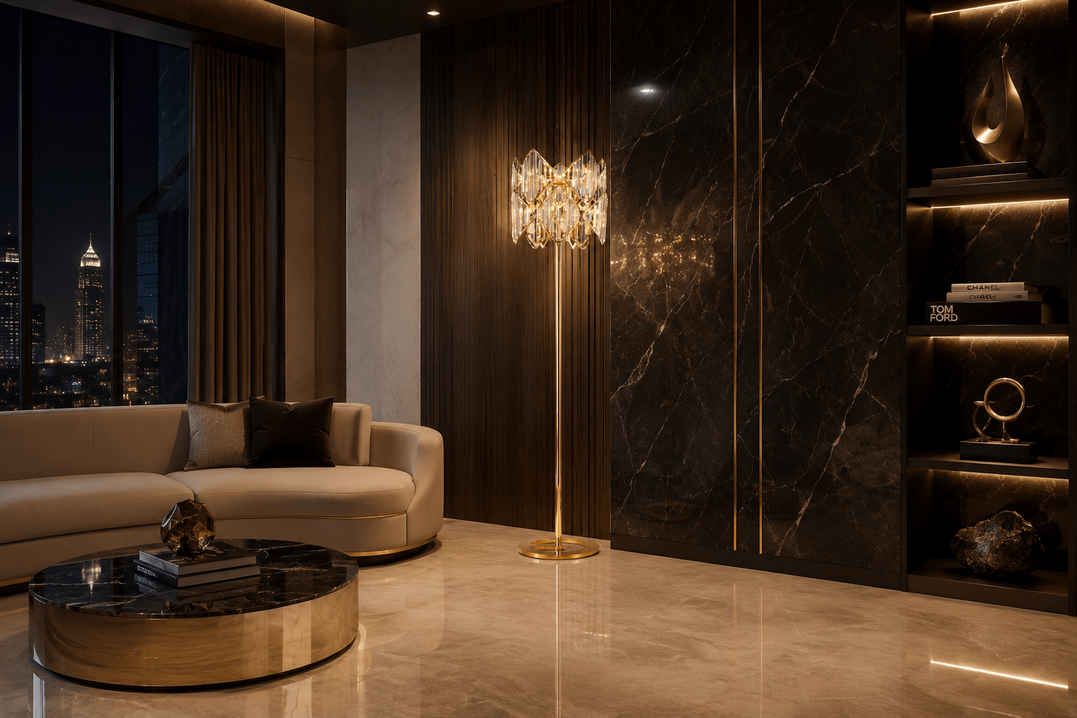 Solaris Atria crystal floor lamp in a luxury Manhattan penthouse living room with marble finishes