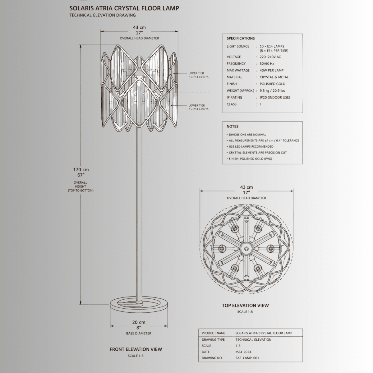 Solaris Atria crystal floor lamp CAD drawing, 170cm luxury gold floor lamp technical specification sheet