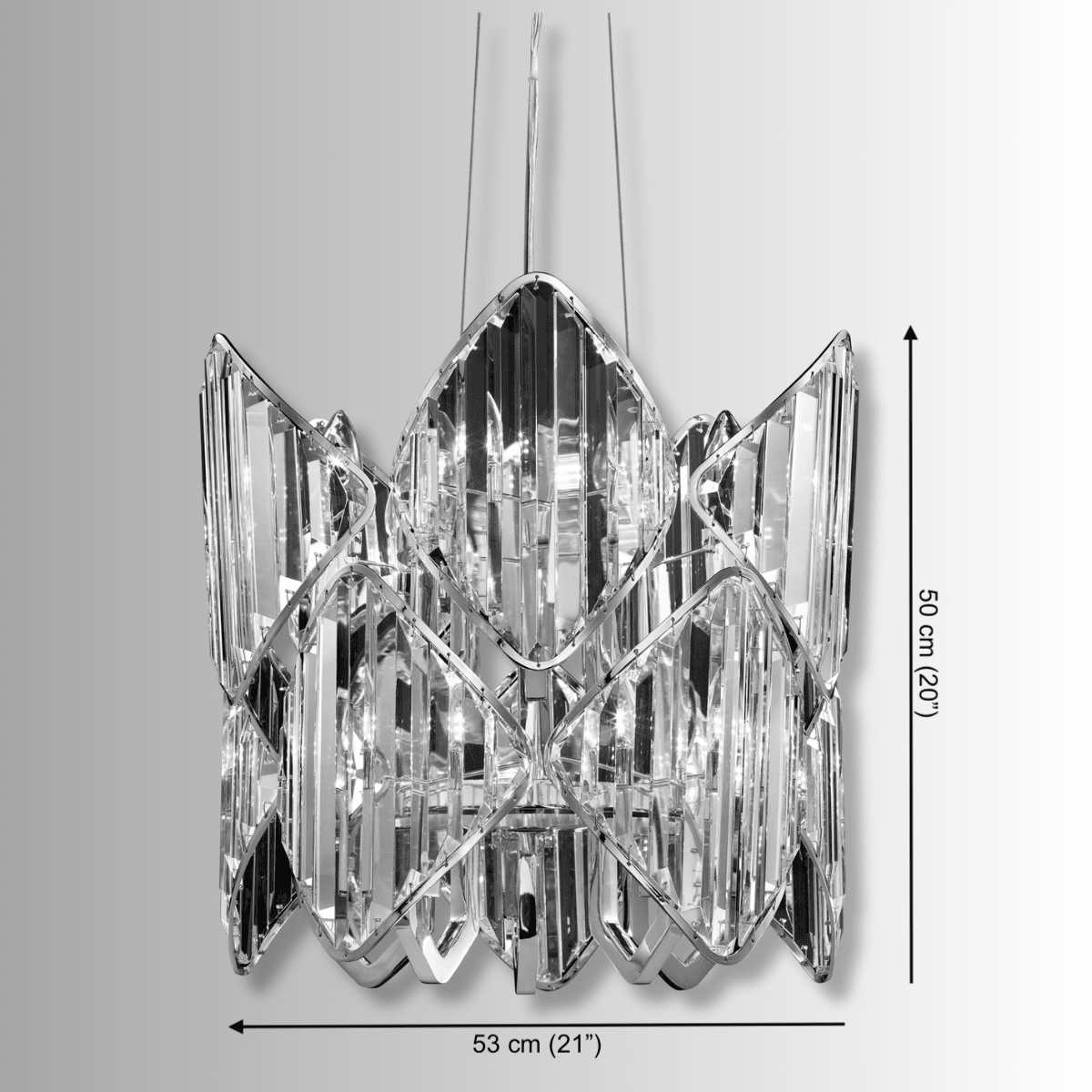 Solaris Azara circular crystal pendant showing dimensions 53cm diameter and 50cm height with adjustable drop.