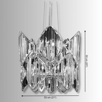 Solaris Azara circular crystal pendant showing dimensions 53cm diameter and 50cm height with adjustable drop.