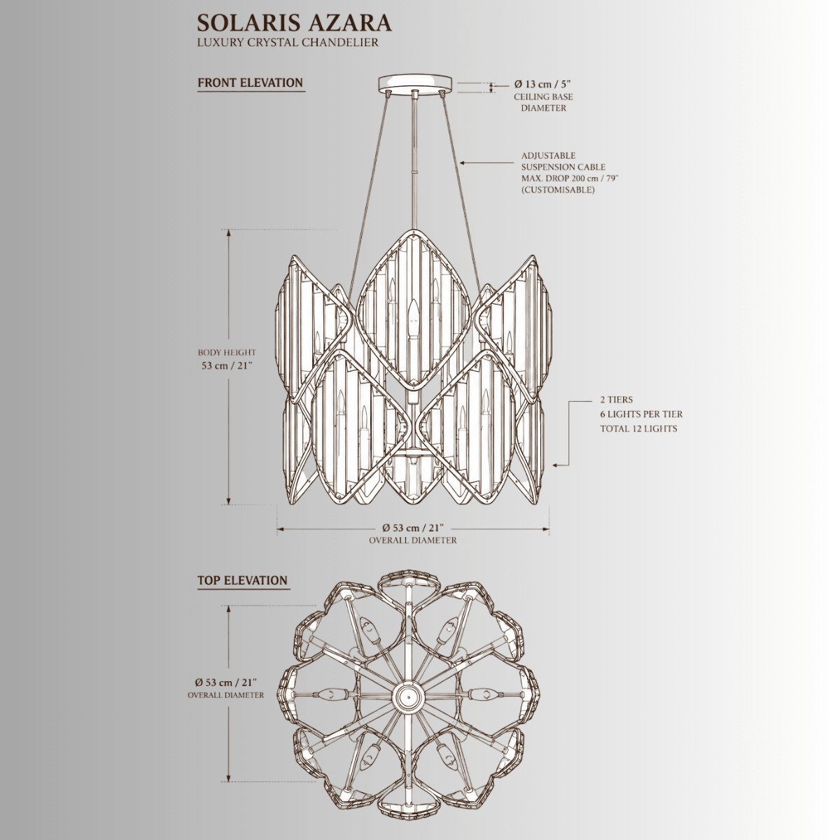 Solaris Azara crystal pendant light CAD drawing, 53cm luxury gold chandelier technical specification