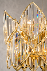 Solaris Azara luxury crystal pendant light close-up with faceted crystals and 18K gold-plated frame